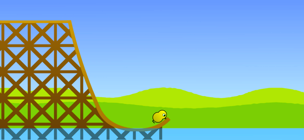 A small yellow duckling at the base of a wooden climbing ramp in a training mini game