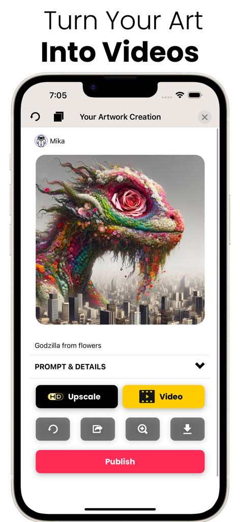 DALL E 3 AI Art Generator - DALL E 3 AI Art Generator app interface showing a floral dragon image and a video creation feature
