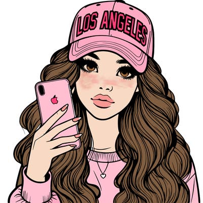 realistic beautiful girl wearing los ángeles cap holding an iphone