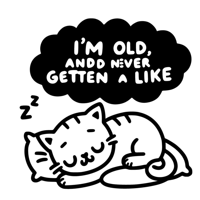 kitty taking a nap dreaming and saying i’m old and have never gotten a like