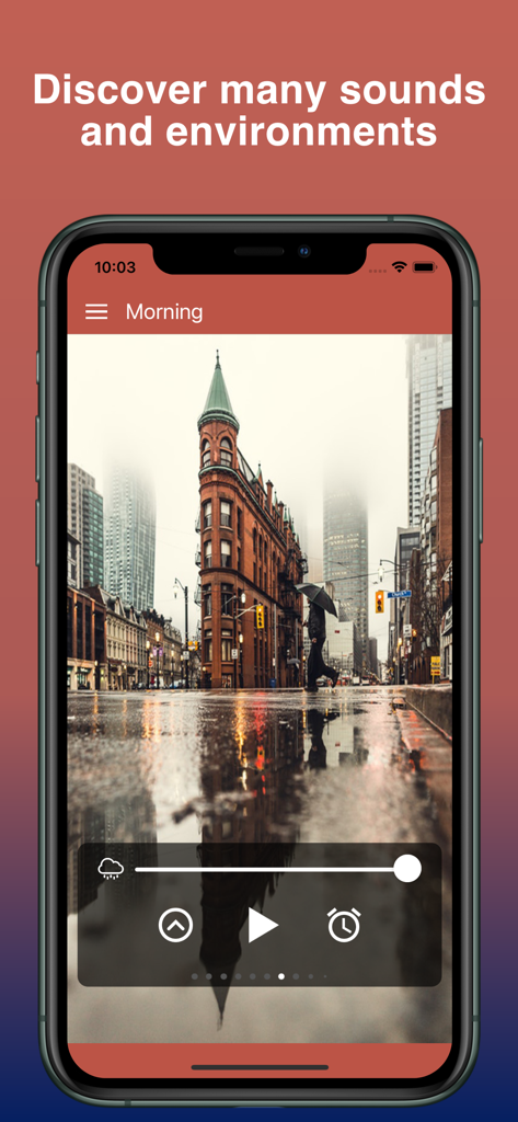 Mood: Rain Sounds & Thunder - Pantalla de un smartphone mostrando la aplicación Mood con un fondo de calle urbana lluviosa y controles de sonido