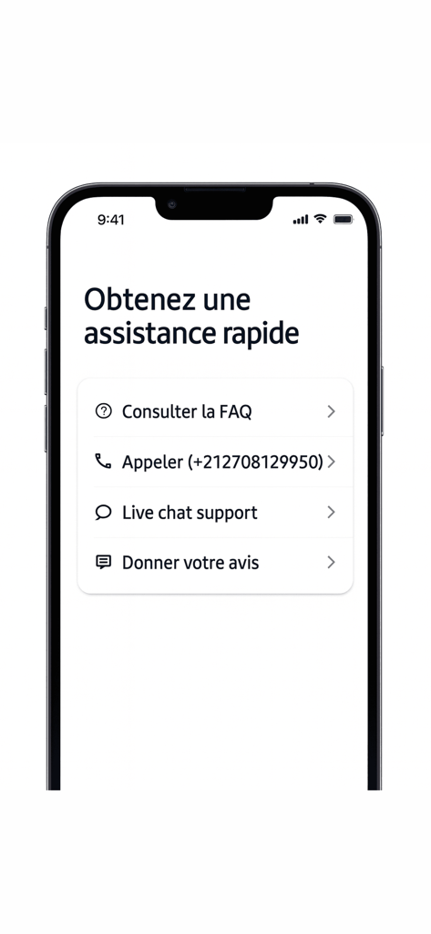 Cardnd app support screen with FAQ and live chat assistance
