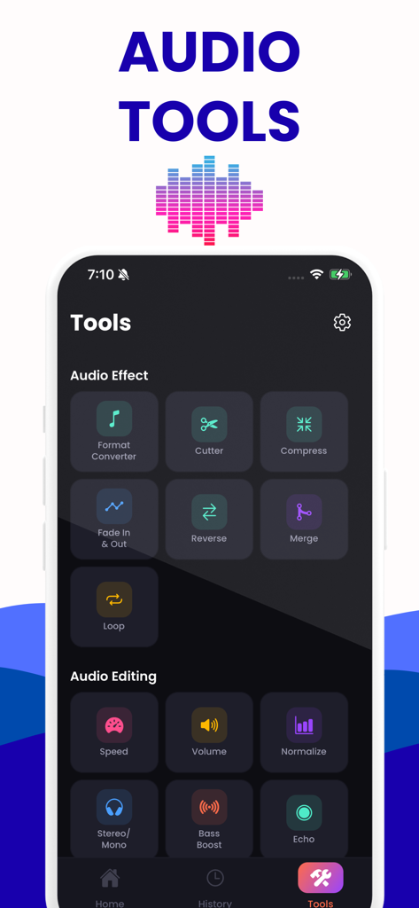 Mobile app dashboard displaying professional audio editing tools like converter cutter and compressor.