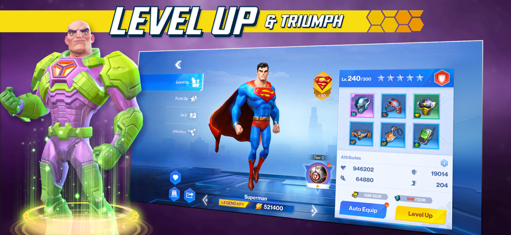 DC Worlds Collide Strategy RPG - Pantalla de subida de nivel y mejora de equipo del personaje Superman en el juego DC Worlds Collide