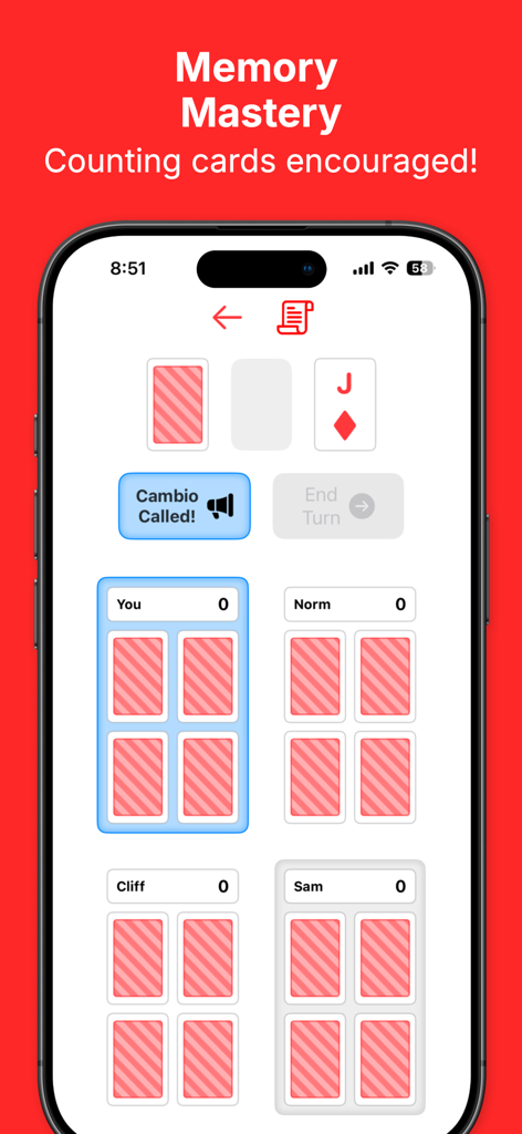 Cambio - Card Game - A gameplay screenshot of the Cambio card game showing a match between four players with face down cards.