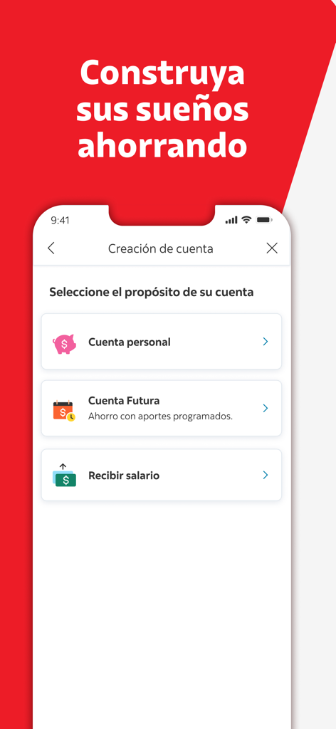 Scotiabank CR, Banca Móvil - Pantalla de la aplicación móvil Scotiabank CR que muestra opciones para abrir una cuenta personal, de ahorros o de planilla.