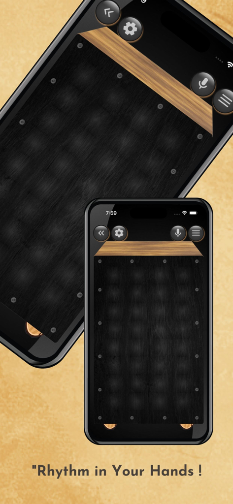 Pantallas de smartphone que muestran la interfaz de batería virtual de la app Cajon Flamenco.