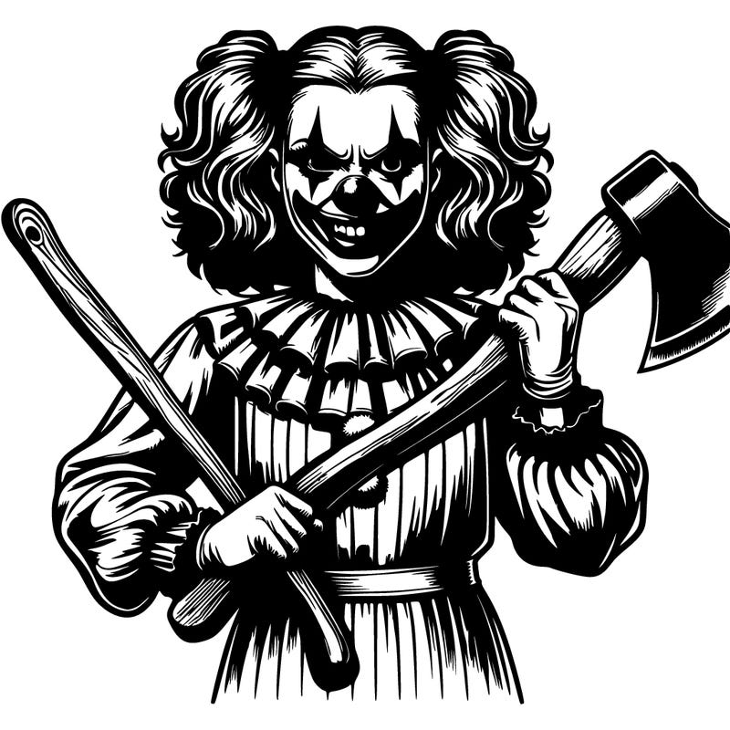 realistic scary clown girl holding a ax