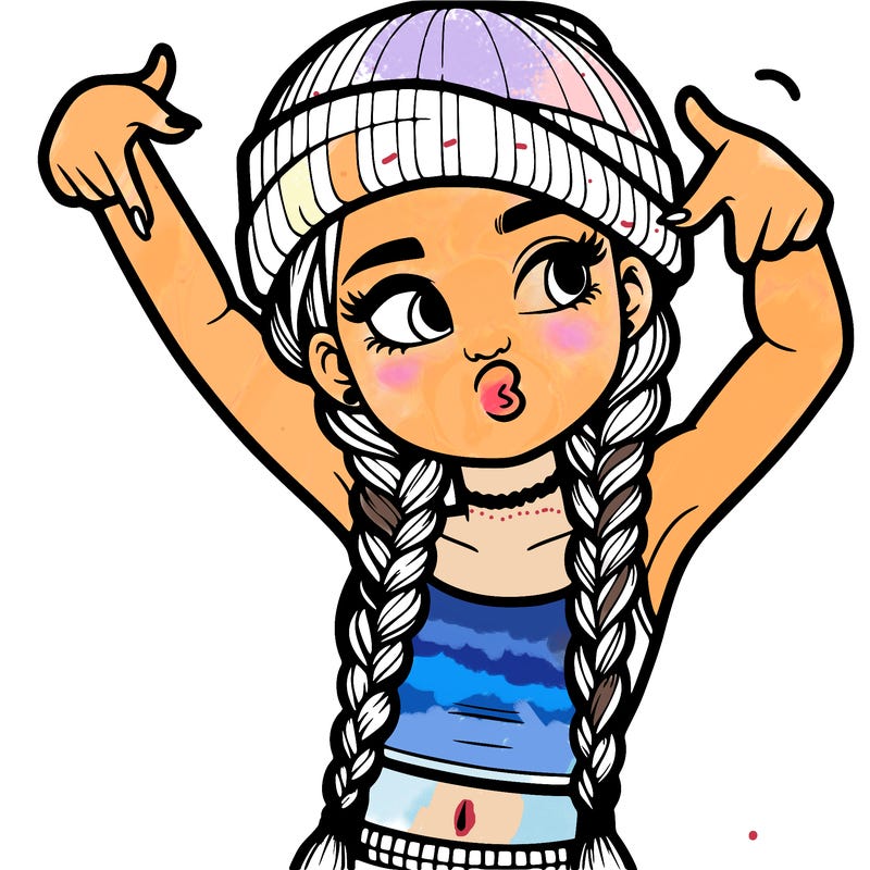realistic teenage girl with braids and a beanie and crop top doing 🫶🏼