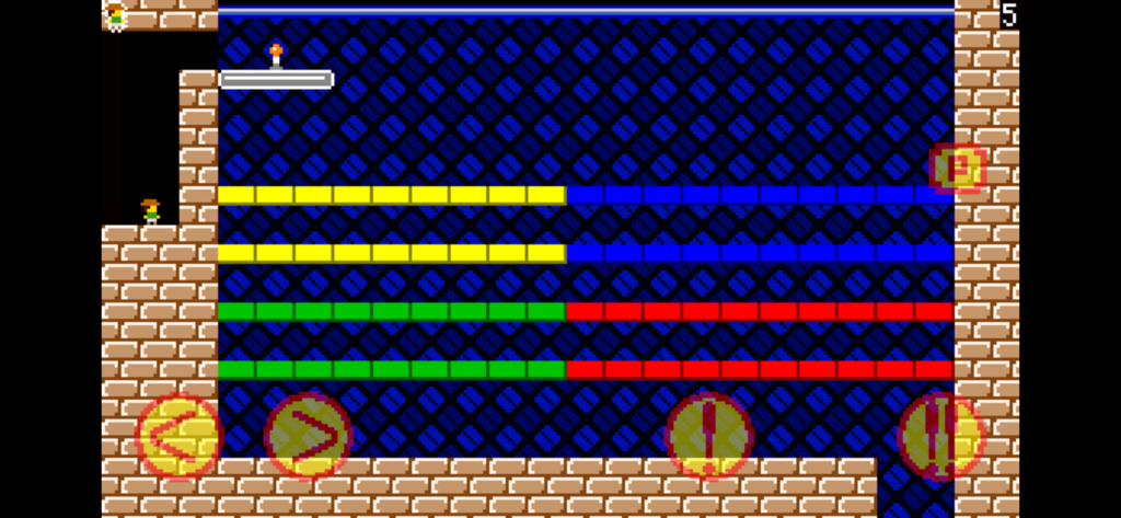 TrapAdventure 2 gameplay screen showing a retro 8-bit platformer level with colored blocks and on-screen touch controls