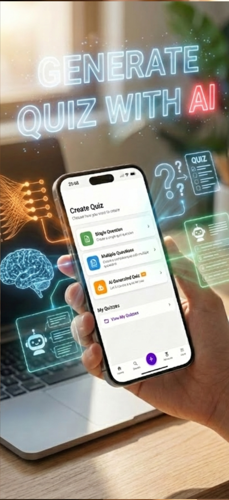 Uma mão segurando um smartphone mostrando a interface do aplicativo myQuiz com a opção de gerar um quiz usando IA