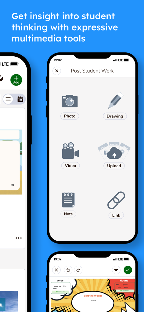 Seesaw mobile app interface showing multimedia tools for students to share their work including photo, drawing, and video options.