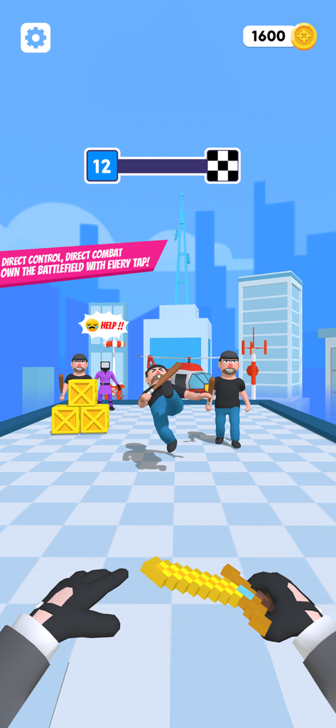 A first person perspective of a player holding a golden sword in a rooftop combat game to rescue a hostage.