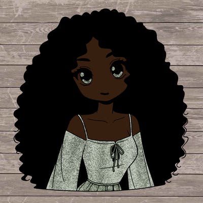 a black anime girl with long afro hair