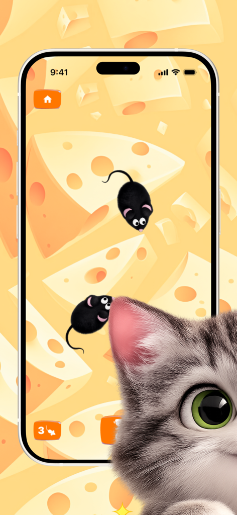 Cat Games - Fish & Mouse - A kitten watching a digital mouse game on a smartphone with a cheese background