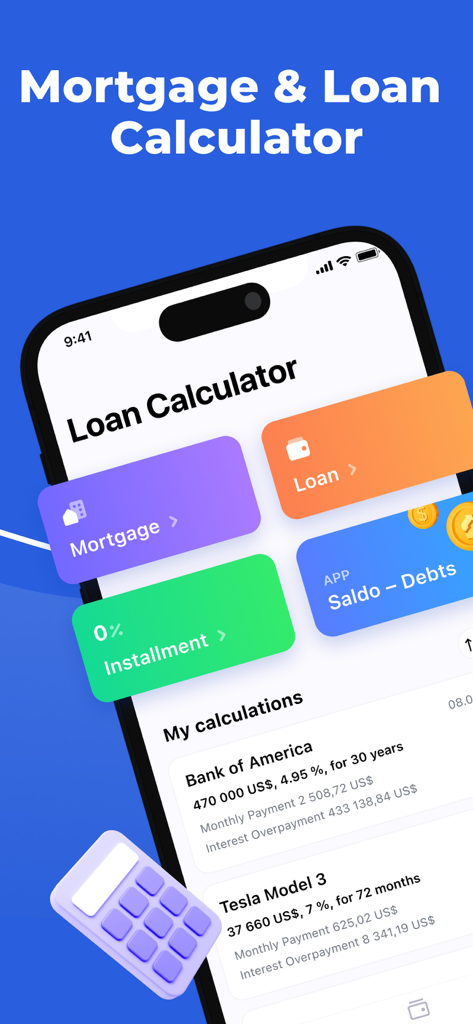 Mortgage and Loan Calculator app interface showing mortgage loan and installment options