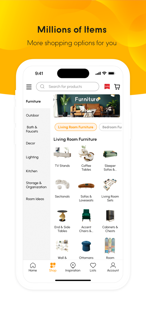 Homary - Homary app interface showing a wide selection of living room furniture categories and products.