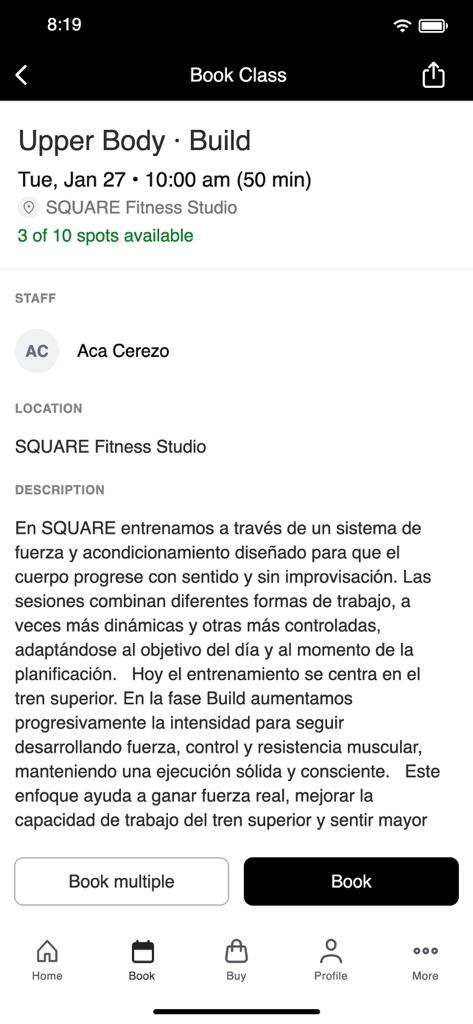 SQUARE Fitness Studio - Schermata dell'app Square Fitness Studio per la prenotazione di un corso di fitness Upper Body Build