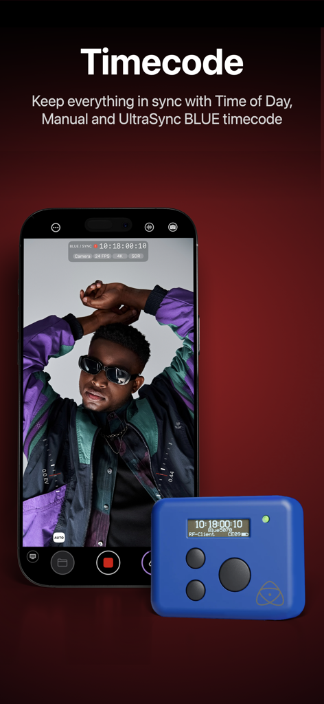 Mavis - Camera - iPhone running Mavis Camera app showing timecode synchronization with a blue UltraSync BLUE device