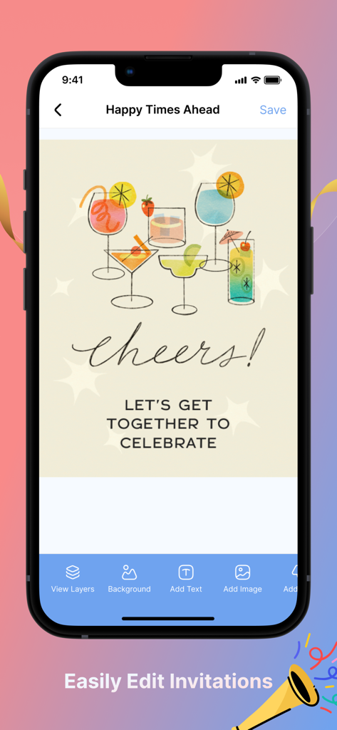 Invitation Design & Card Maker - Mobile phone screen showing the CardGenie app interface for editing a cocktail party invitation with design tools