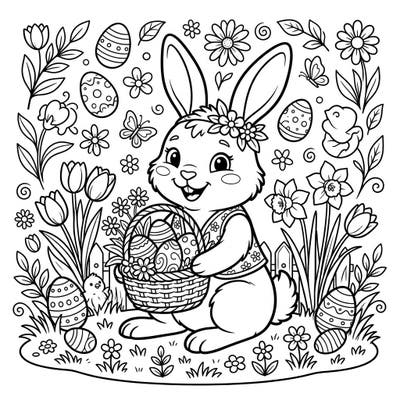 Hop into Easter fun with this adorable coloring page designed for kids! It features a cheerful Easter Bunny proudly holding a basket full of beautifully decorated eggs, surrounded by blooming spring flowers.