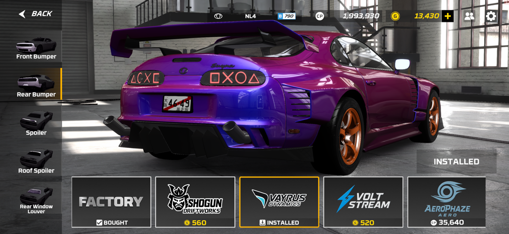 Highway Racer Pro - Um carro esportivo roxo com peças personalizadas no menu de tuning de carros de Highway Racer Pro