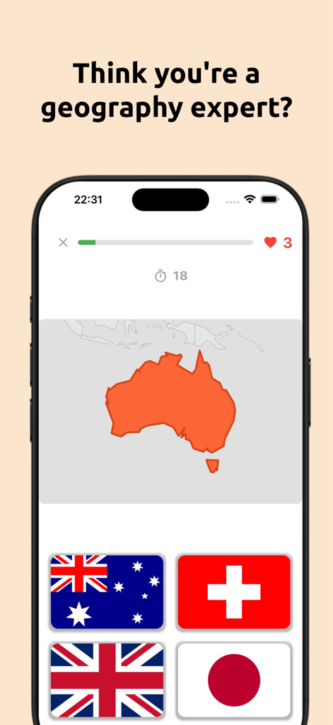 Schermata dell'app di geografia con una mappa dell'Australia e quattro scelte di bandiere.