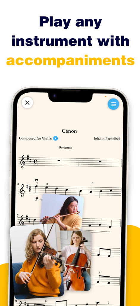 Metronautアプリに表示されたパッヘルベルのカノン用バイオリン楽譜。フルート、バイオリン、チェロを演奏するミュージシャンが描かれています。