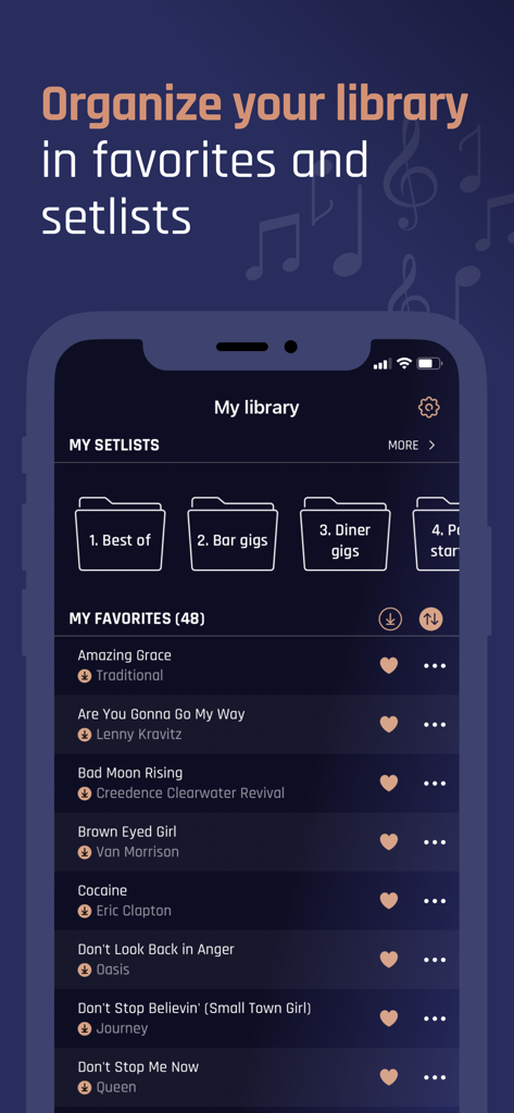 Jamzone - Sing & Play Along - Jamzone app interface showing music library with custom setlist folders and a list of favorite songs for practice and gigs.