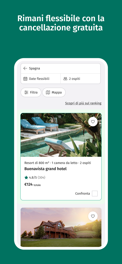 Interfaccia dell'app CaseVacanza che mostra elenchi di affitti vacanze in Spagna con opzioni di cancellazione flessibili e dettagli sui prezzi