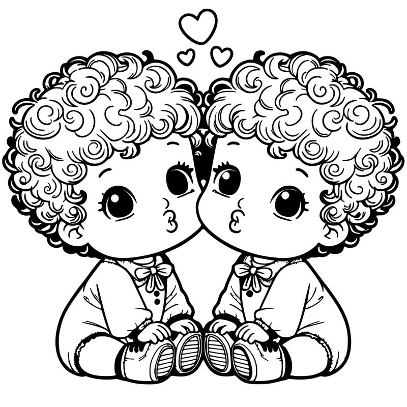baby twins with curly hair wearing same outfit and one kissing the other on cheek