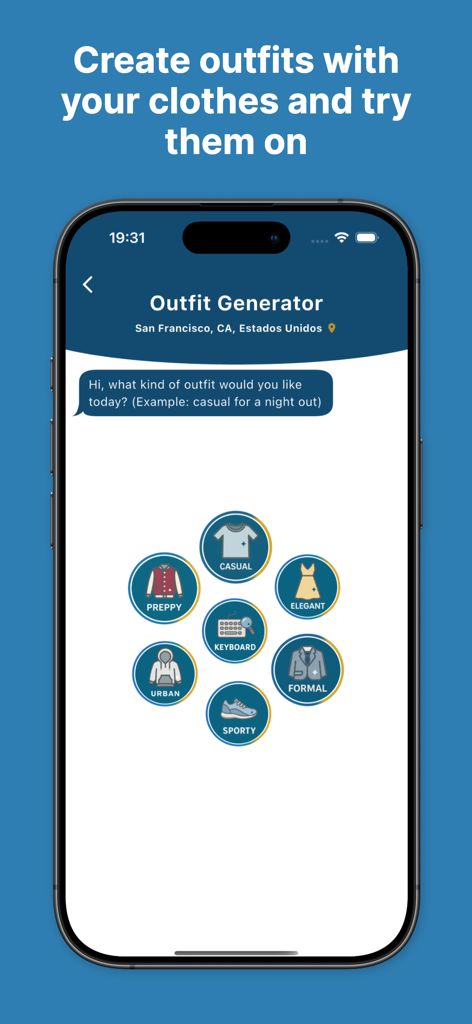Seekia 앱 의상 생성기 인터페이스에 AI 기반 패션 제안을 위한 캐주얼 및 어반과 같은 스타일 카테고리가 표시됩니다.