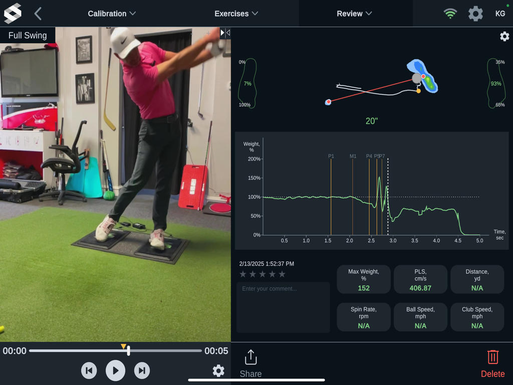 SensorEdge App interface showing a synchronized golf swing video with pressure data and ground force graphs.