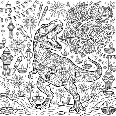 Experience a truly unique fusion with this T-Rex Diwali coloring page, where prehistoric power meets festive tradition. Delight in the intricate patterns of a roaring dinosaur set against a backdrop of radiant diyas and sparkling fireworks.