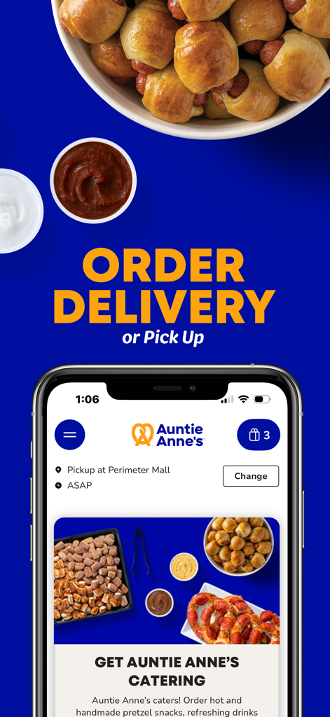 Auntie Anne's Rewards app interface showing options for delivery, pickup, and catering with pretzel snacks