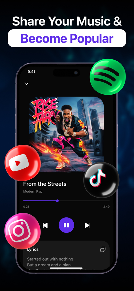 AI Song Maker: Music Creator - Interfaz de un teléfono inteligente que muestra una canción de rap generada por IA con iconos para compartir en Spotify, YouTube, TikTok e Instagram