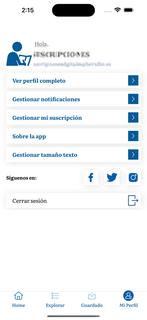 Écran de profil utilisateur de l'application Heraldo de Aragon avec des options pour gérer les abonnements aux notifications et la taille du texte.