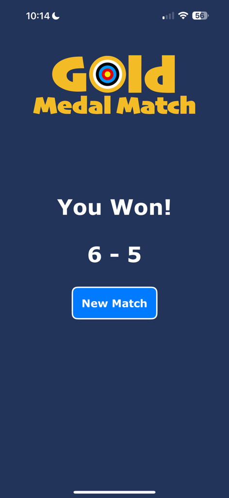 Gold Medal Match - Pantalla de victoria del simulador de tiro con arco Gold Medal Match que muestra una puntuación de partido de 6 a 5