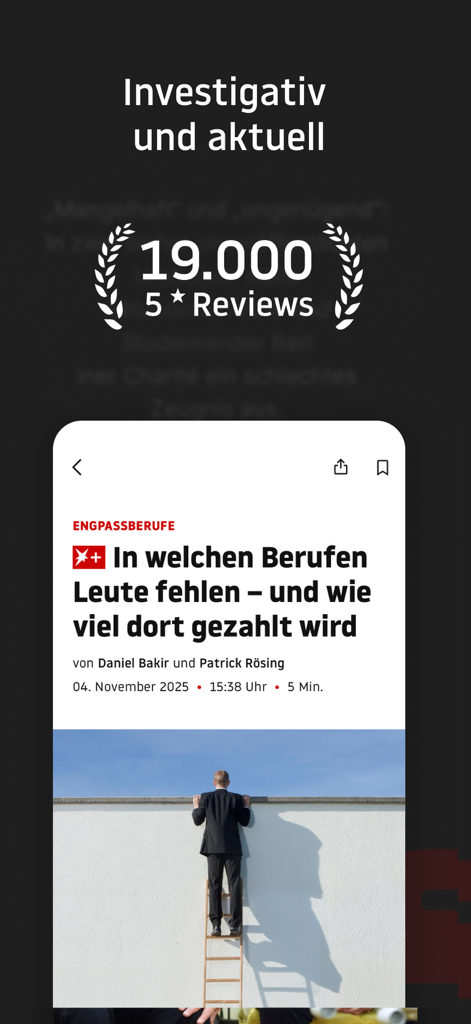 stern Nachrichten - Interfaz de la aplicación Stern Nachrichten mostrando un artículo de investigación y un hito de 19000 reseñas de cinco estrellas.