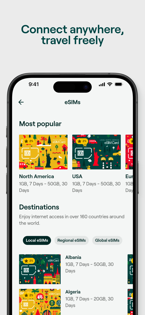 Bitrefill: Gift Cards & eSIM - Captura de tela do app Bitrefill mostrando várias opções de eSIM de viagem para diferentes destinos, como América do Norte e Europa.