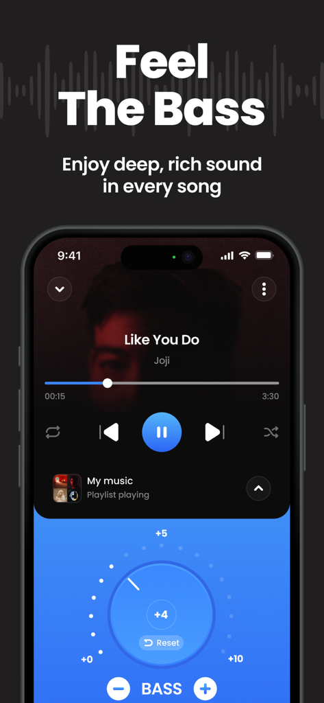 Bass & Volume Booster - BassUp - BassUp mobile app interface featuring a bass booster dial and music player controls