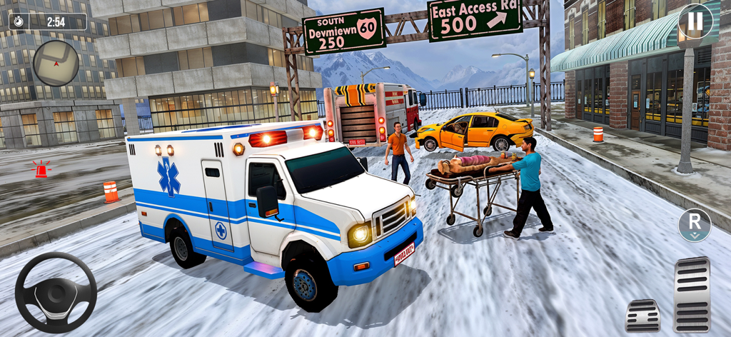 Emergency ambulance rescue scene in a snowy city with paramedics