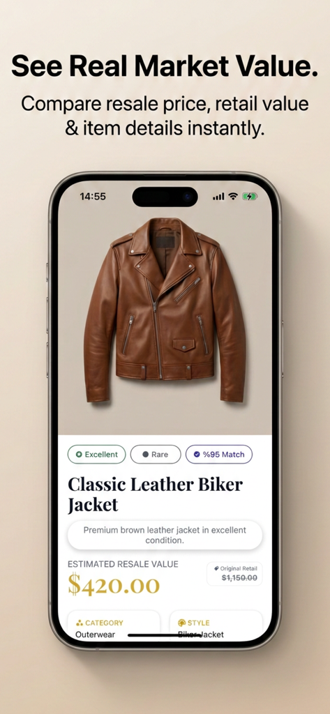 Une interface d'application mobile affichant la valeur de revente estimée et le prix de détail d'origine d'une veste de motard en cuir.