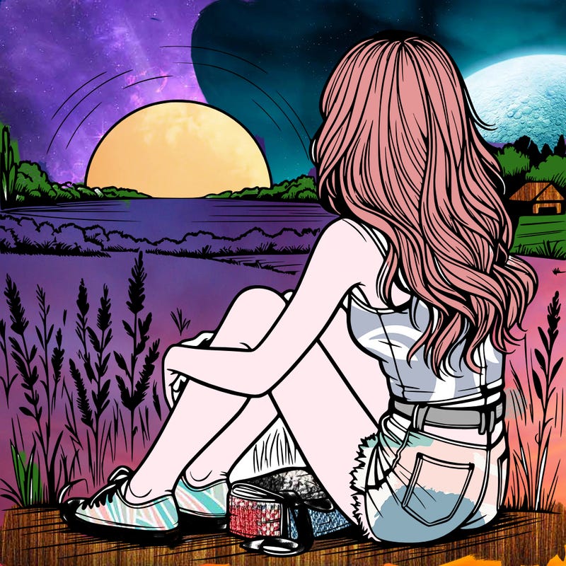 realistic girl sitting and watching the sunset