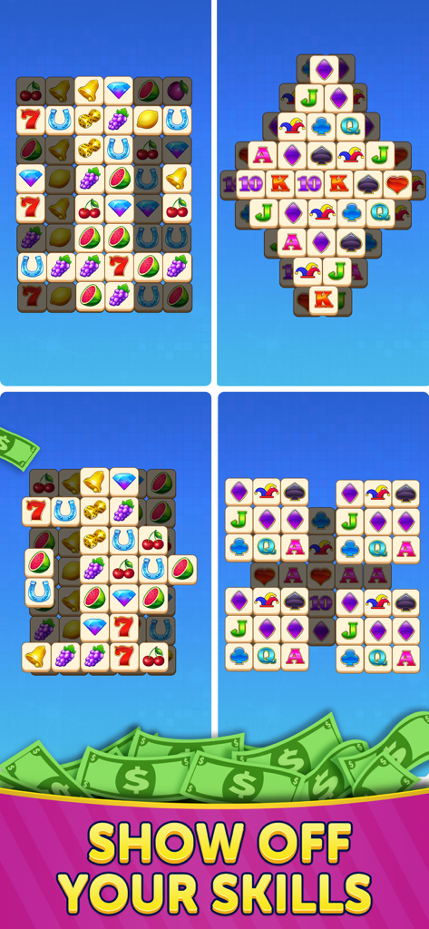 Tile Match 3 - Win Real Cash - Four different tile matching game board layouts above a pile of cash with the text Show Off Your Skills
