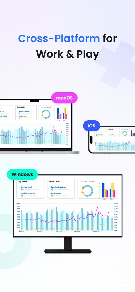Interfaccia desktop remoto StarDesk mostrata su dispositivi Windows, macOS e iOS per lavoro e gaming