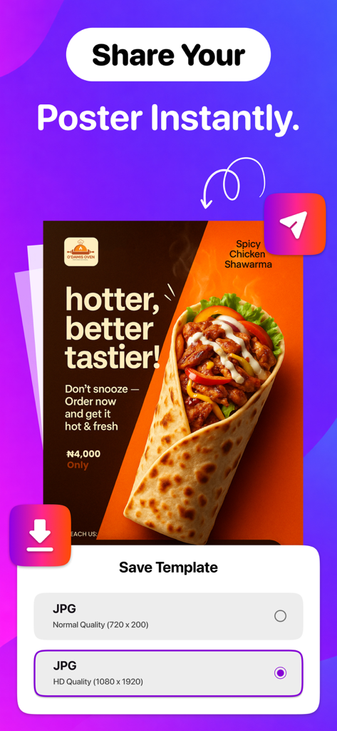 Poster Maker: AI Flyer Creator - ポスターメーカーアプリの画面に、食品フライヤーデザインをHD品質で保存・共有するオプションが表示されています。