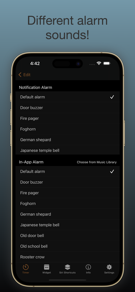 timer. - Multi Countdown Timer - iPhone screen showing a list of different notification and in-app alarm sounds within the Multi Countdown Timer app