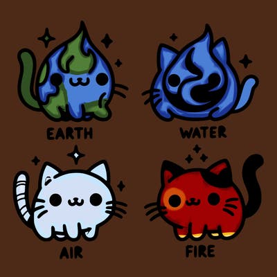 4 cats that represent the different elements, earth, water, air, and fire