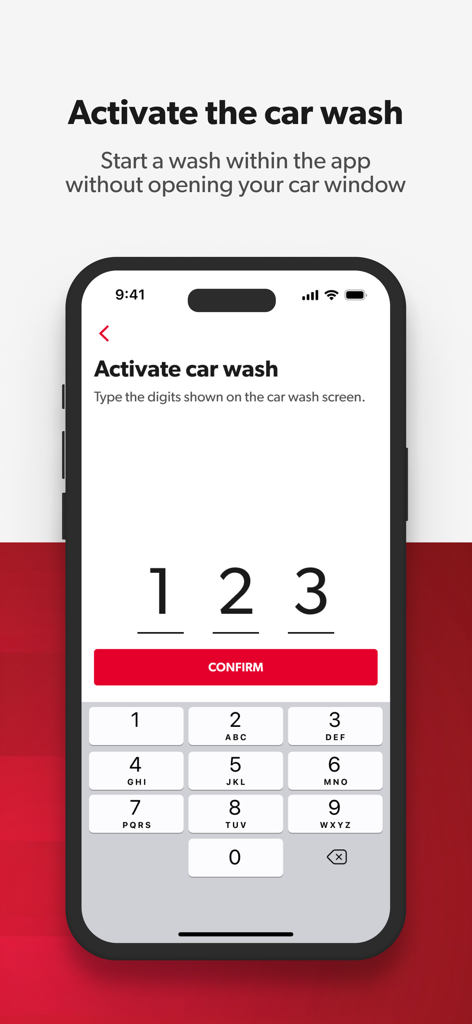 Petro-Canada mobile app screen for activating a car wash featuring a numeric keypad and confirm button